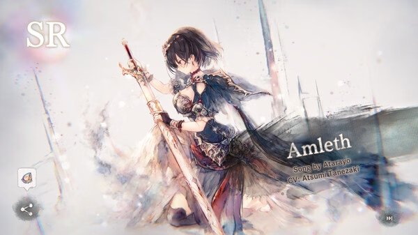 MementoMori screenshot: Amleth, an SR character, holding a sword in a mystical, artistic design with her name and song details displayed.