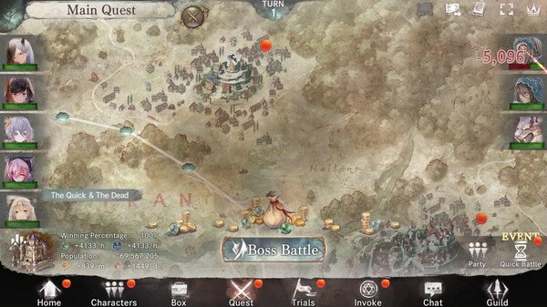 Screenshot of MementoMori showing a map with a Boss Battle option. Character portraits and stats are visible on the sides.