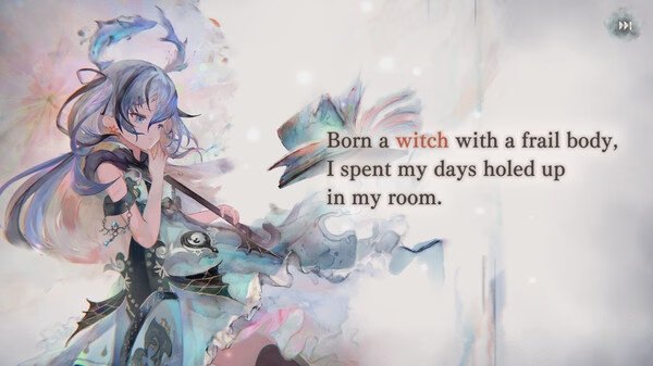 Screenshot from MementoMori: A witch with long hair stands holding an ornate umbrella, text about her frail body displayed.