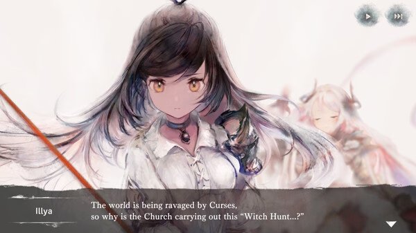 Screenshot from MementoMori showing Illya in focus, holding a staff, with dialogue about curses and a "Witch Hunt" visible.