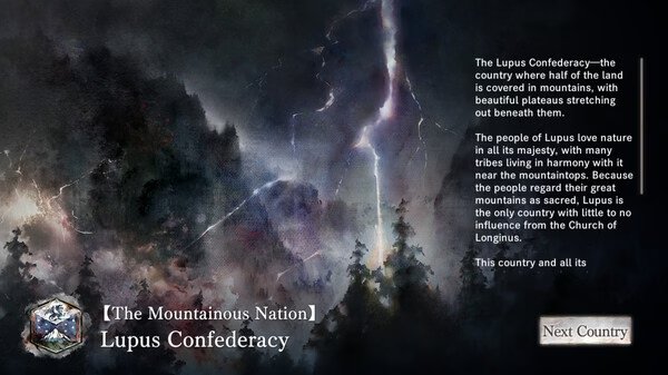 Screenshot from MementoMori showing an atmospheric scene of the Lupus Confederacy, featuring mountains and dramatic lightning.