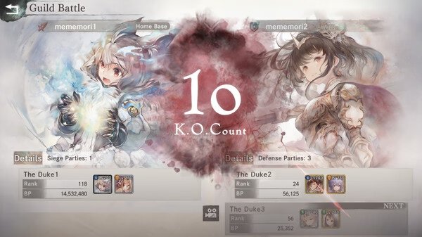 MementoMori screenshot showing Guild Battle results with two characters, KO count of 10, and detailed stats for siege and defense parties.