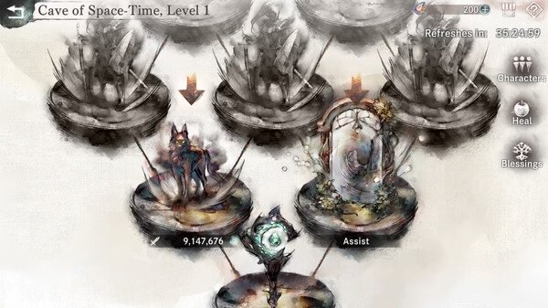 Screenshot from MementoMori game showing Cave of Space-Time, Level 1. Features a wolf and a mirror portal at the center.