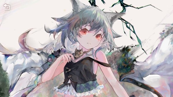 Screenshot from MementoMori: A character with wolf ears and red eyes stands against a mystical, colorful background.