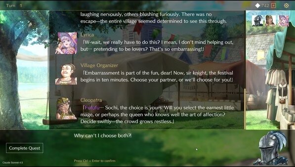 Screenshot from 'Saga & Seeker' showing a dialogue scene with characters Lyric, Village Organizer, and Cleopatra discussing a festival.
