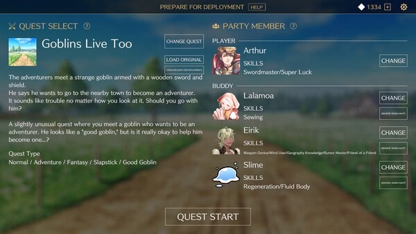 Screenshot of Saga & Seeker game showing quest selection screen with Arthur, Lalamoa, and Slime as party members for "Goblins Live Too."