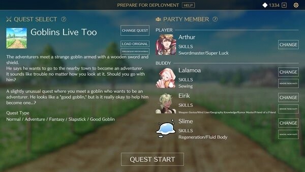 Screenshot of Saga & Seeker game showing quest selection screen with Arthur, Lalamoa, and Slime as party members for "Goblins Live Too."