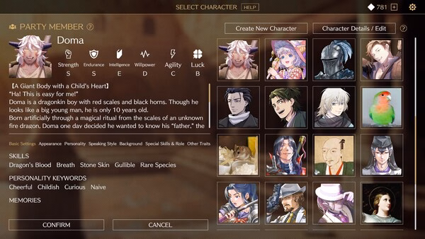 Screenshot of 'Saga & Seeker' character selection menu showing Doma, a dragonkin with red scales, horns, and detailed stats.