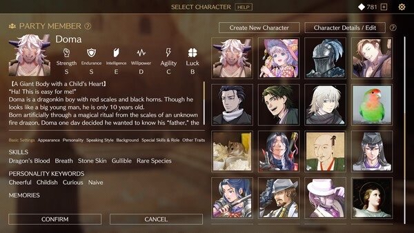 Screenshot of 'Saga & Seeker' character selection menu showing Doma, a dragonkin with red scales, horns, and detailed stats.