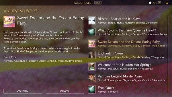 Screenshot of 'Saga & Seeker' quest selection menu, showing various quests like "Sweet Dream and the Dream-Eating Fairy."