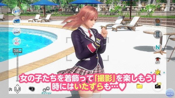 Screenshot of DEAD OR ALIVE Xtreme Venus Vacation showing a character in a school uniform near a pool with photo mode interface visible.