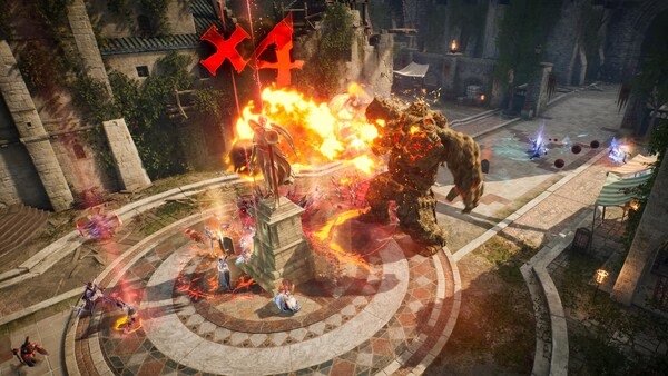 Screenshot from Throne and Liberty showing a fiery battle scene with a giant creature and multiple characters in combat.