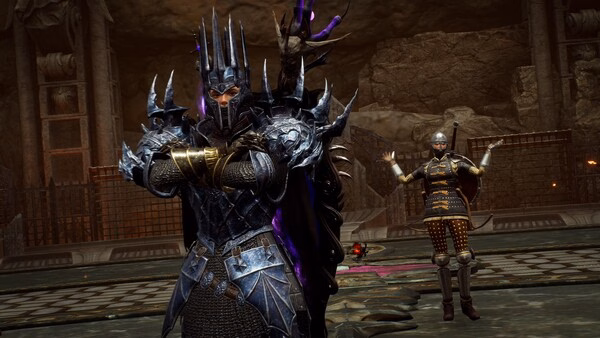 Screenshot from Throne and Liberty shows a heavily armored knight with crossed arms and a soldier in the background in a stone chamber.