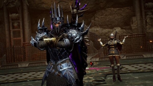 Screenshot from Throne and Liberty shows a heavily armored knight with crossed arms and a soldier in the background in a stone chamber.