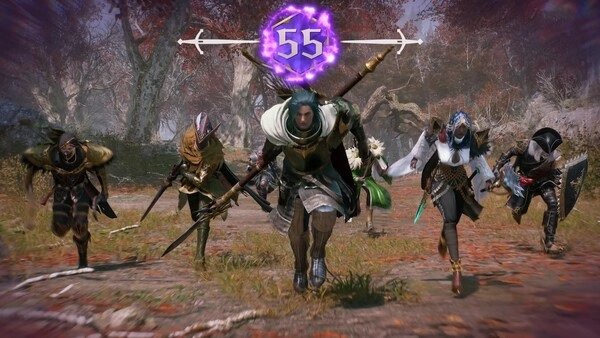 Screenshot from Throne and Liberty showing a group of armored characters charging forward in a forest with a purple score of 55 above.
