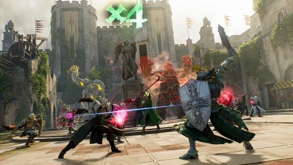 Throne and Liberty screenshot: Warriors clash in front of a castle, with spells and swords in a medieval fantasy battle.