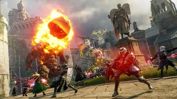 Screenshot from Throne and Liberty showing players battling a fiery giant in a medieval castle courtyard with glowing weapons.