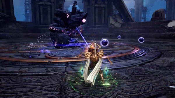 Throne and Liberty screenshot: A character in ornate armor casts a spell at a dark, rune-covered creature in an ancient, mystical arena.