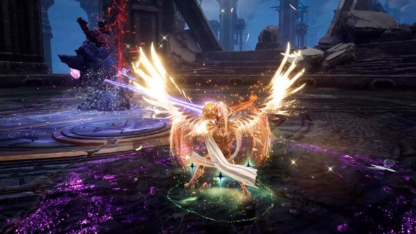 A Throne and Liberty screenshot showing a character with radiant wings casting a spell in a mystical, ancient arena.