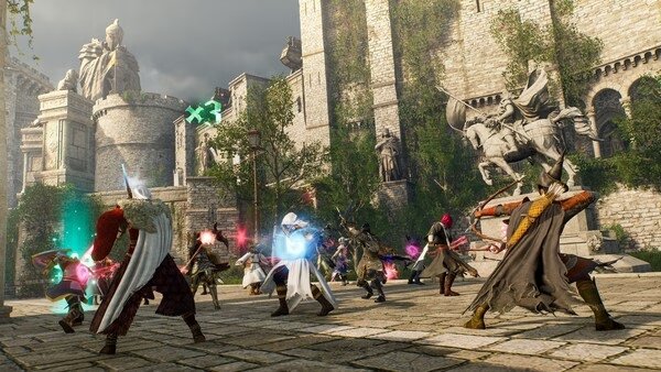 Throne and Liberty screenshot: Characters with weapons and glowing effects gather in a stone courtyard near a large statue.