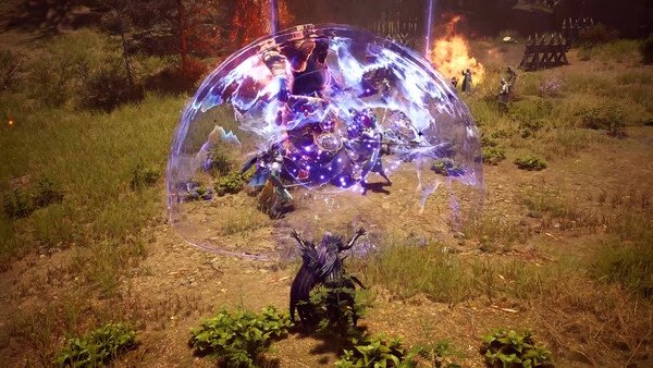 Throne and Liberty screenshot: A character casts a glowing purple shield spell in a grassy battlefield with fiery explosions in the background.