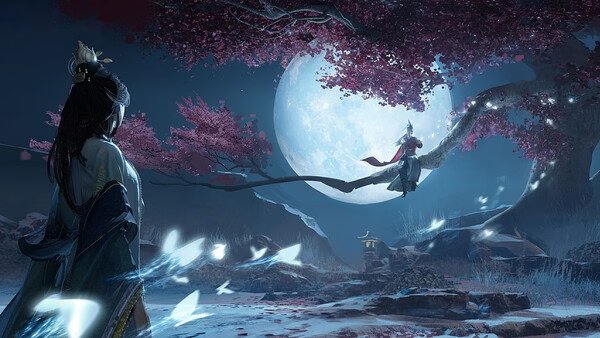 Screenshot from "Where Winds Meet": Two figures under a full moon, with one perched on a tree branch amid cherry blossoms.