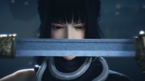 Screenshot from Where Winds Meet showing a character holding a sword with a detailed golden hilt in a dimly lit scene.