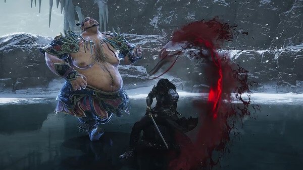 Screenshot from "Where Winds Meet" showing a battle between a heavily armored warrior and a large, armored figure in an icy cave.