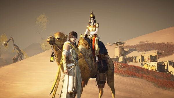 Screenshot from Where Winds Meet showing a character riding a camel in a desert landscape with distant buildings and trees.