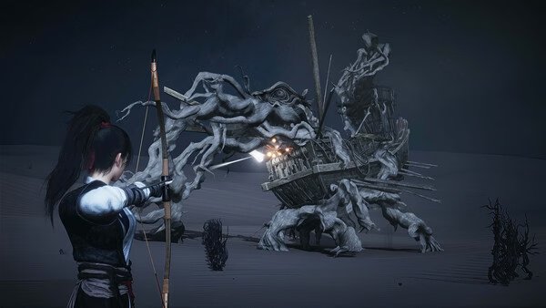 Screenshot from "Where Winds Meet" showing a character aiming a bow at a ship entwined with mystical tree roots.