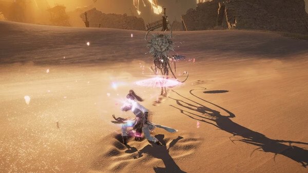 Screenshot from "Where Winds Meet": A warrior faces off against a mystical creature in a sunlit desert landscape, with glowing effects.