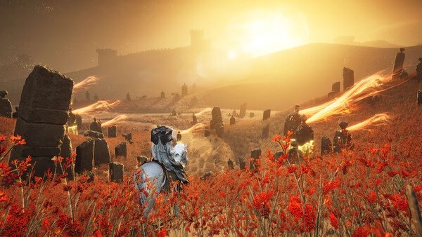 A screenshot from Where Winds Meet shows a rider on horseback amidst a vibrant red field, with ruins and a glowing sunset in the background.