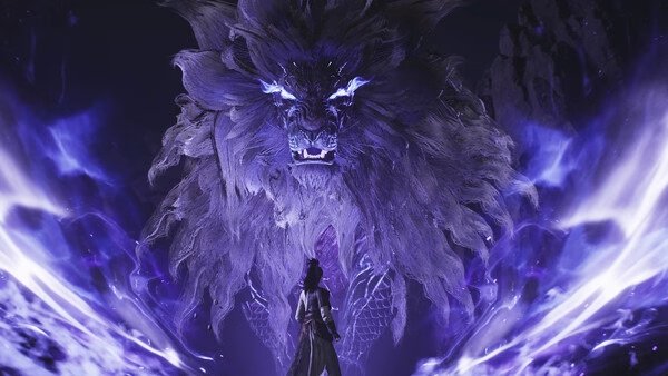 A screenshot from Where Winds Meet shows a lone warrior facing a massive, glowing purple lion-like creature in a dark, mystical setting.
