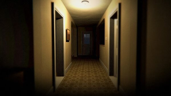 Screenshot from Phasmophobia showing a dimly lit hallway with closed doors and patterned carpet, creating a tense atmosphere.