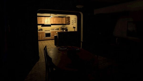 Screenshot from Phasmophobia showing a dimly lit kitchen with wooden cabinets and a dining table in the foreground.