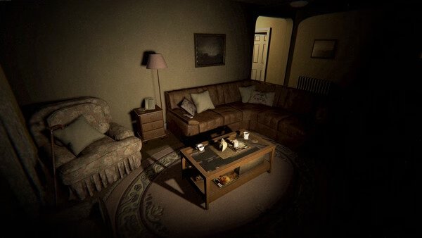 Phasmophobia screenshot: A dimly lit living room with a sofa, armchair, and coffee table, creating an eerie, haunted atmosphere.
