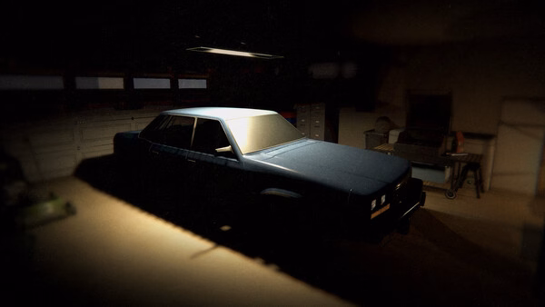 Phasmophobia screenshot showing a dimly lit garage with a blue car parked inside, casting shadows on the floor and nearby workbench.