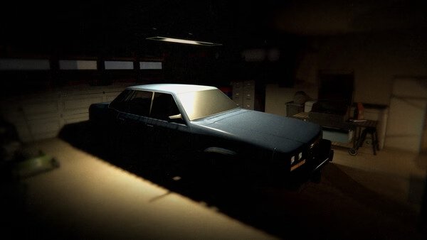 Phasmophobia screenshot showing a dimly lit garage with a blue car parked inside, casting shadows on the floor and nearby workbench.