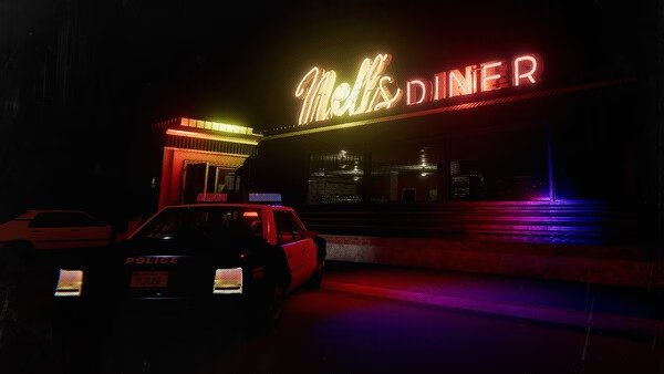 Phasmophobia screenshot: A police car is parked outside a dimly lit diner with a neon sign reading "Mell's Diner" at night.