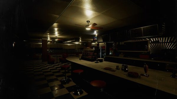 A Phasmophobia screenshot showing a dimly lit diner interior with checkered floors, stools, and tables, creating a haunting atmosphere.