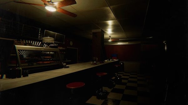 Phasmophobia screenshot showing a dimly lit diner interior with red stools, checkered flooring, and a ceiling fan.