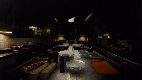 Phasmophobia screenshot: A dimly lit kitchen with plates, eggs, and utensils on the counter, creating a tense atmosphere.