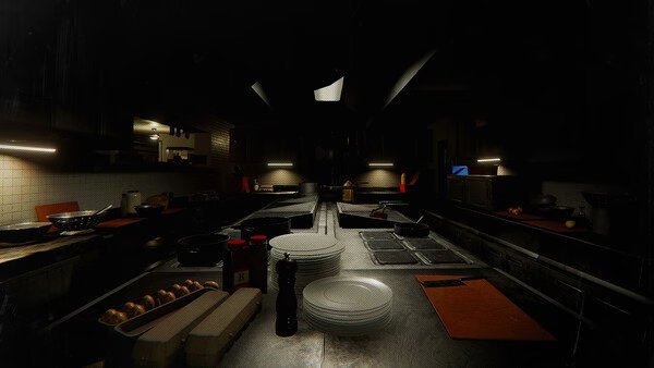 Phasmophobia screenshot: A dimly lit kitchen with plates, eggs, and utensils on the counter, creating a tense atmosphere.