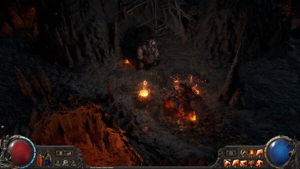 Path of Exile 2 screenshot showing a player character casting spells in a dark cavern with fiery effects.