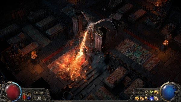 Path of Exile 2 screenshot: A character battles a dragon in a dimly lit dungeon, casting fiery spells amidst ancient stone structures.