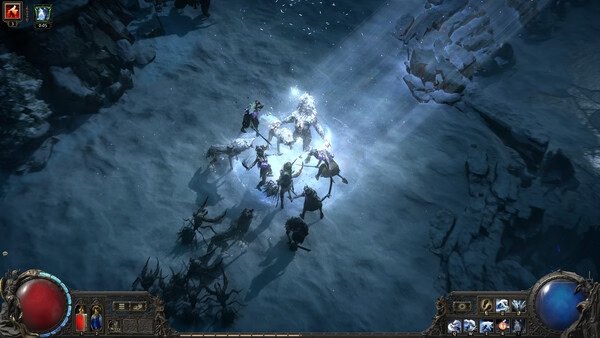 Screenshot of Path of Exile 2 showing a character surrounded by enemies on a snowy terrain, with glowing light effects.