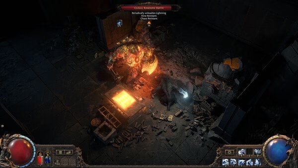 Path of Exile 2 screenshot: A player battles a fiery, armored boss named 'Cruel Captain Sann' in a dimly lit dungeon.