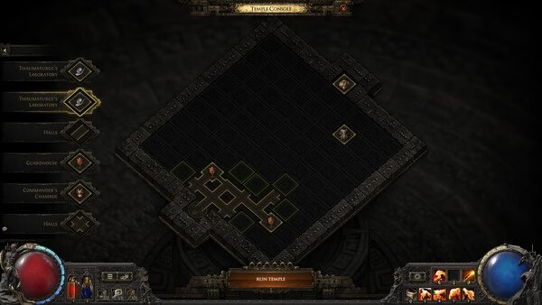 Path of Exile 2 screenshot: A dungeon map interface showing routes and rooms, with player icons and skill buttons visible below.