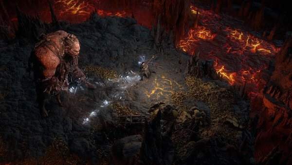 Path of Exile 2 screenshot: A warrior engages in battle with a giant creature amidst a fiery, volcanic landscape.