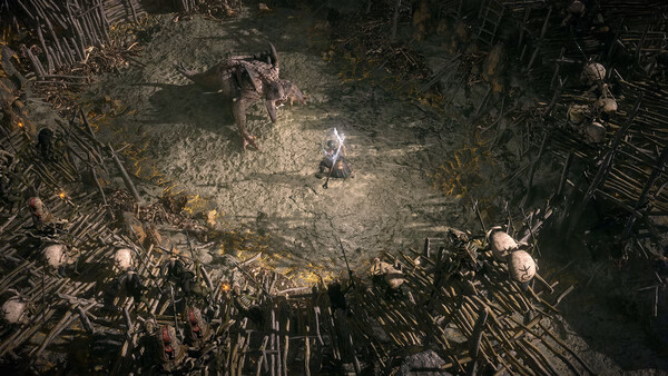 Path of Exile 2 screenshot: A warrior faces a large creature in an arena surrounded by wooden spikes and skulls.